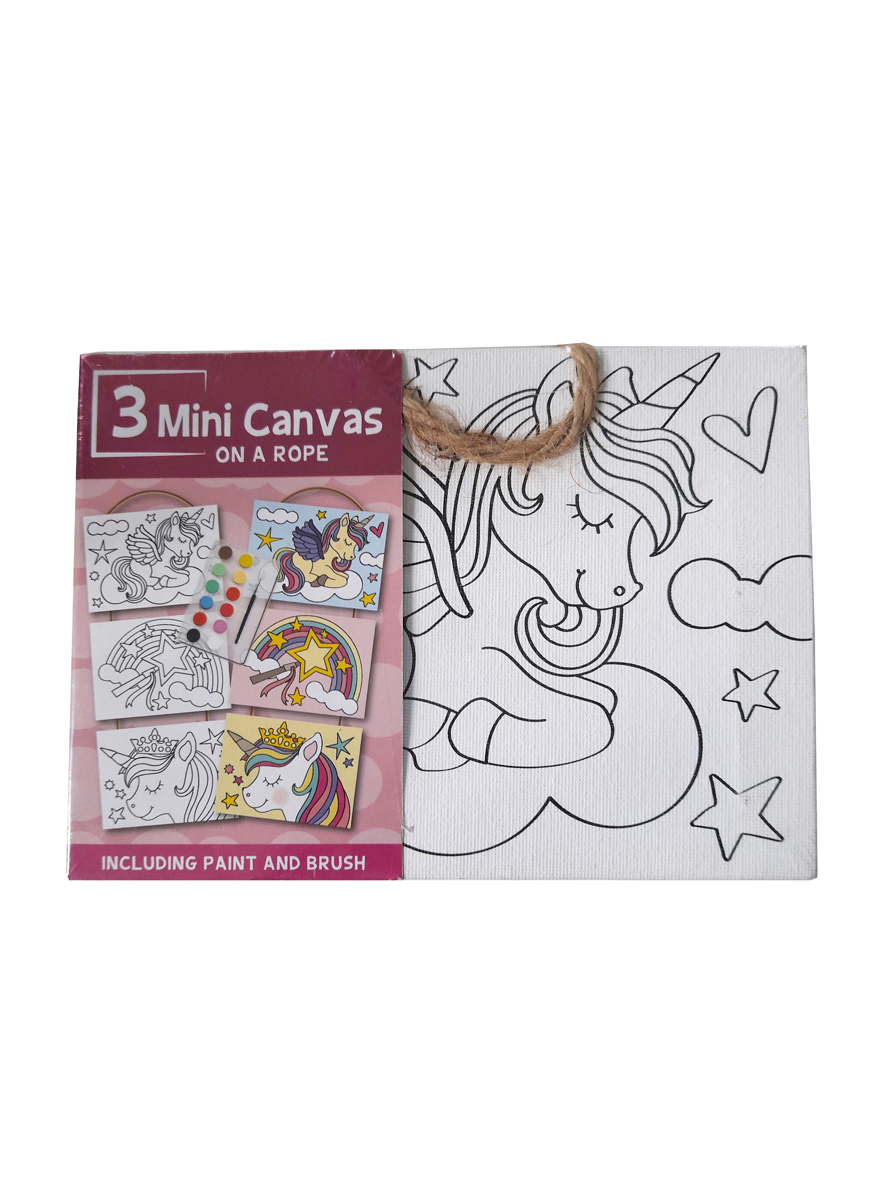 Mini Canvas Eenhoorns – 3 Verschillende Canvassen op een Touwtje